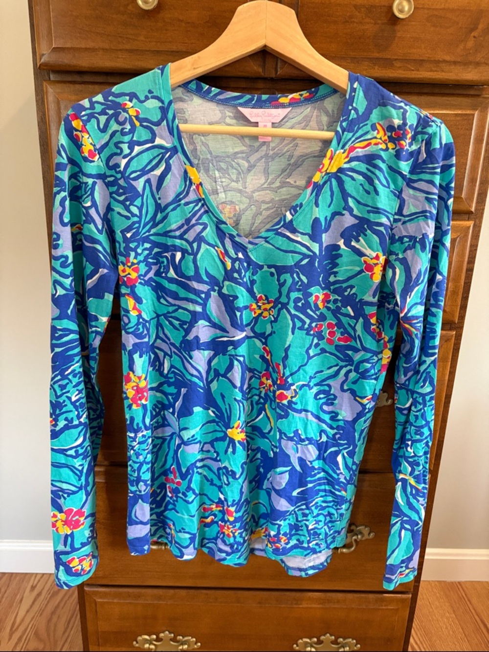 Lilly Pulitzer Blue & Turquoise Floral V-Neck Long Sleeve Top